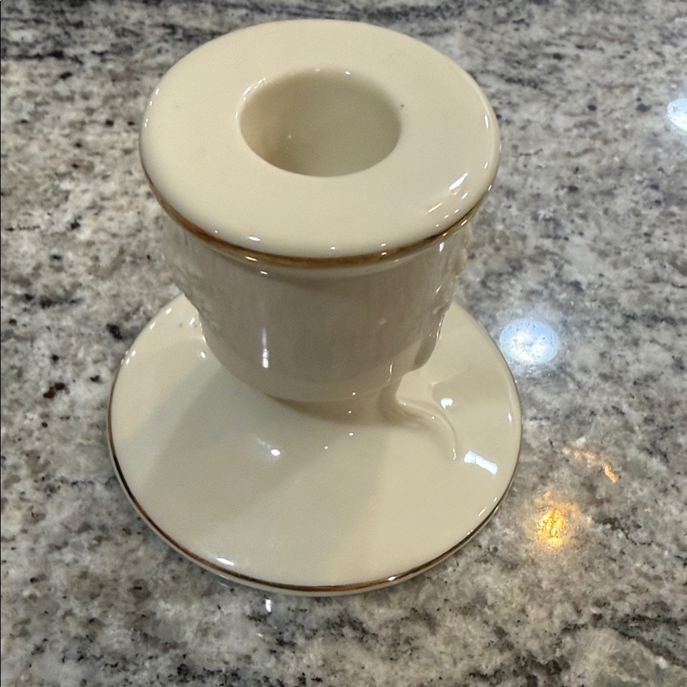 Lenox Cream Ceramic Candle Holder with Gold Logo